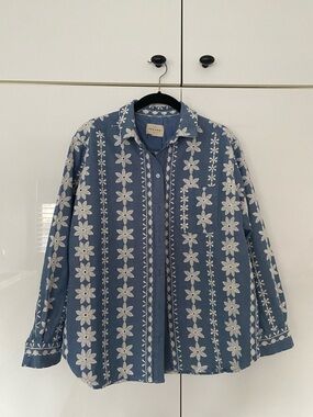 Sezane Max Shirt Blue With Ecru Embroidery